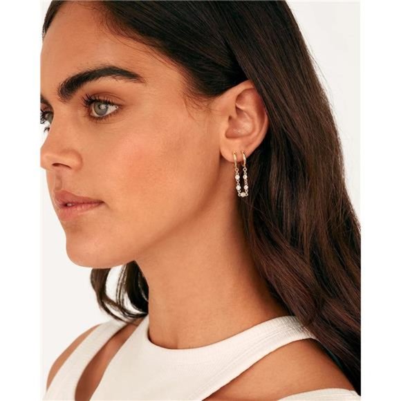 14K Gold Chain Earrings Womens Double Piercing Dangle Chain Huggie Hoop Earrings - Picture 5 of 5